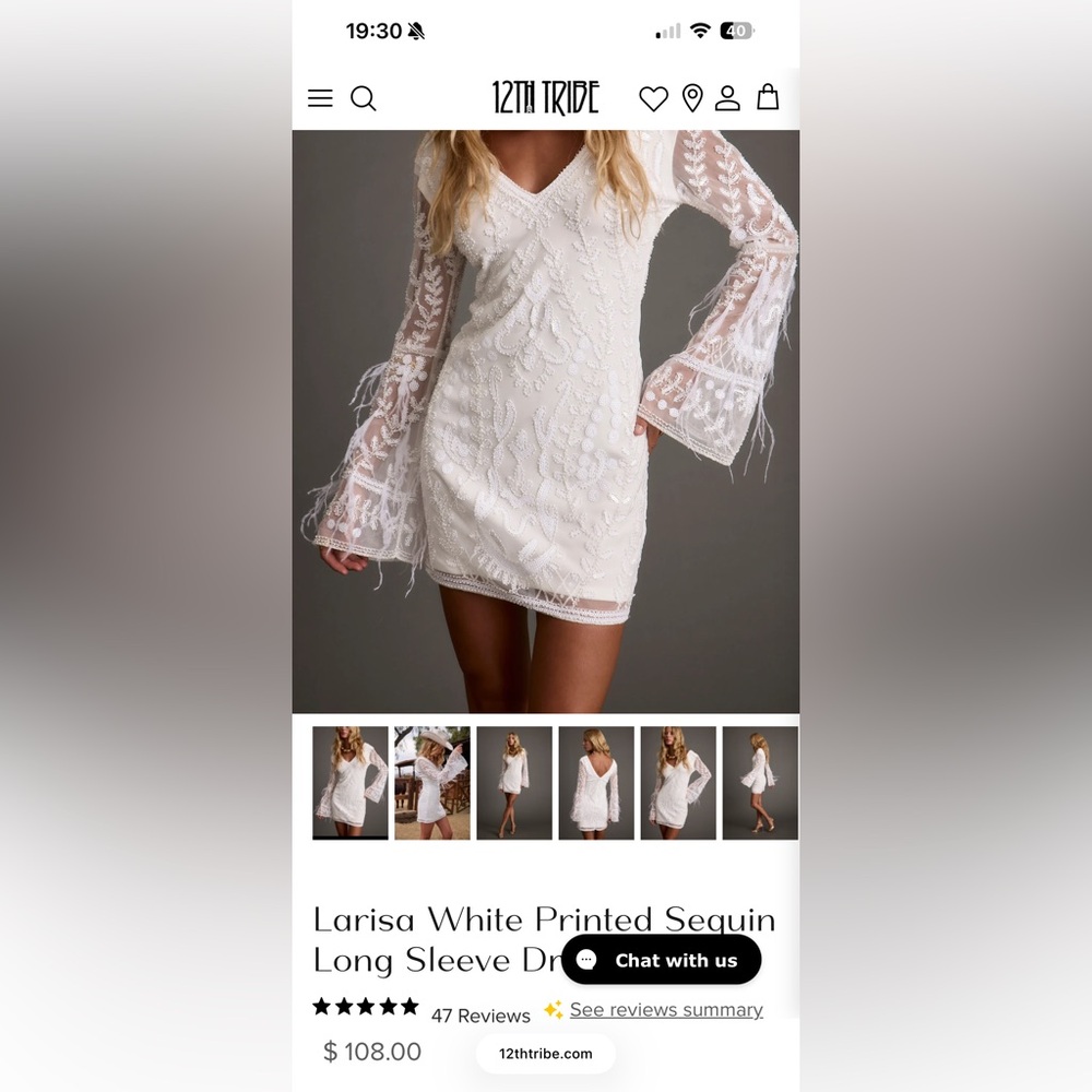 12th Tribe Larisa White Printed Sequin Long Sleeve Dress